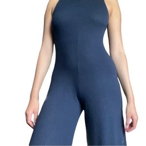 Women’s Blue ribbed jumpsuit. Flare culotte style pant jumpsuit.